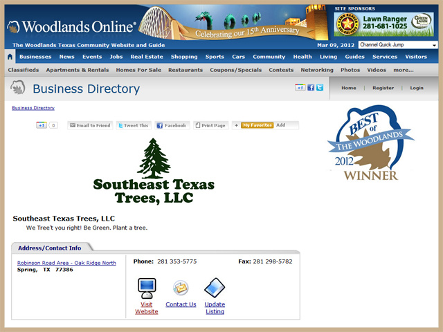 2102 Award - Best Tree Service in THe Woodlands, TX Awarded by Woodlands Online